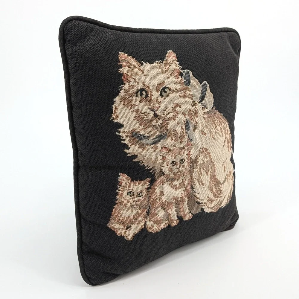Vintage‎ Woven Tapestry Cat and Kittens Throw Pillow Black Beige Square Accent